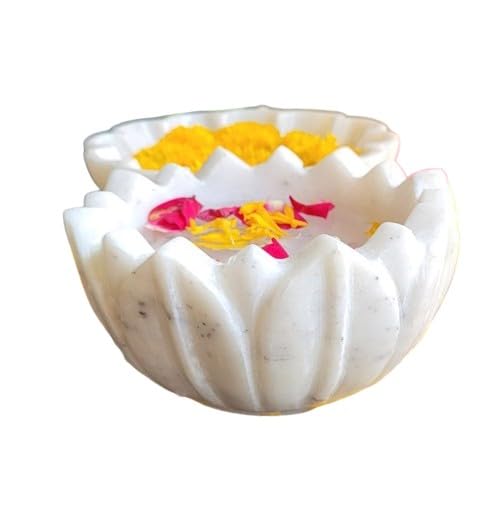 indiancraftsbykanika marble set of 2 lotus bowls for fruits/home decor/snacks/gift item, big, White