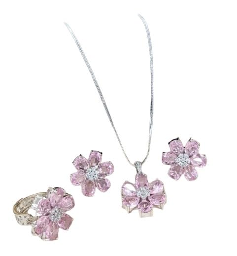 set of 4 pieces pink color flower shape pendant necklace set with matching earrings and adjustable ring.