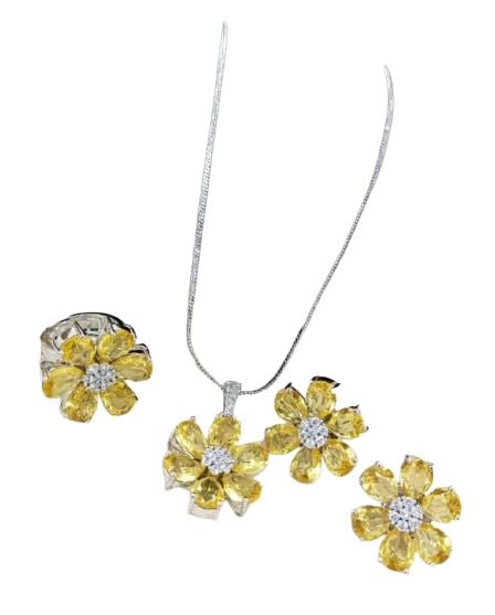 set of 4 pieces yellow color flower shape pendant necklace set with matching earrings and adjustable ring.