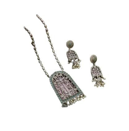 indiancraftsbykanika oxidized pink stone necklace with matching earrings for women/gift for her