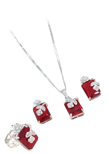 set of 4 pieces red color stone pendant necklace set with matching earrings and ring.