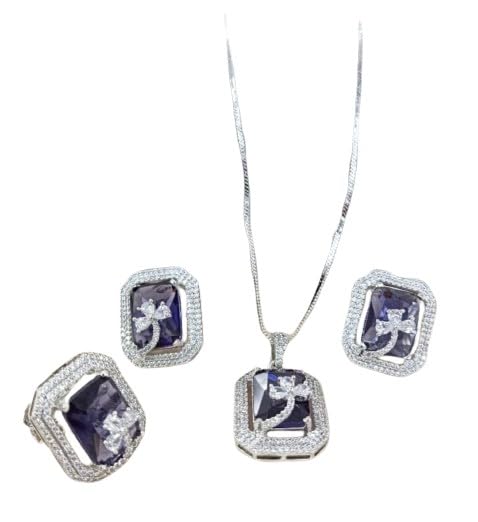 set of 4 pieces blue color square flower shape pendant necklace set with matching earrings and adjustable ring.