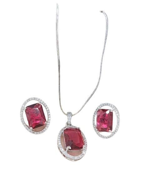 set of 3 pieces red color stone pendant necklace set with matching earrings for women
