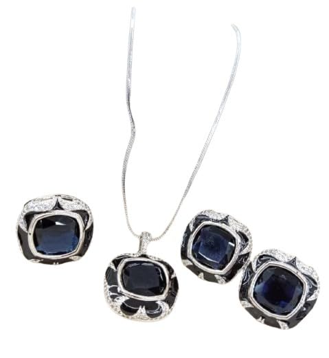 set of 4 pieces blue color square shape pendant necklace set with matching earrings and adjustable ring.