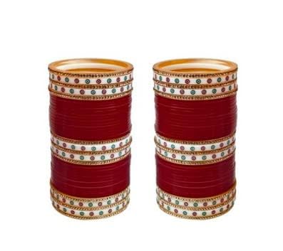 Red Fancy Golden Bridal Chura With Golden Pearl Kadas for wedding red color chura set