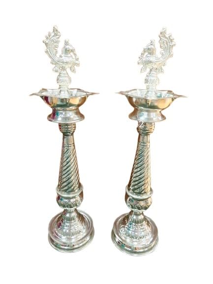 German Silver Peacock Screw Style Detachable deepam Pair for Housewarming/ Diwali Festival/ Gift Item, 17" Size
