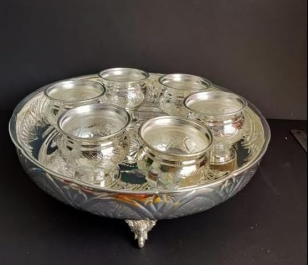 indiancraftsbykanika german silver tray with set of 6 bowls for snacks/prasad/sweets/dessert for diwali gifts