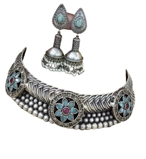 Germán silver stone choker necklace set with matching earrings with pearl drop.