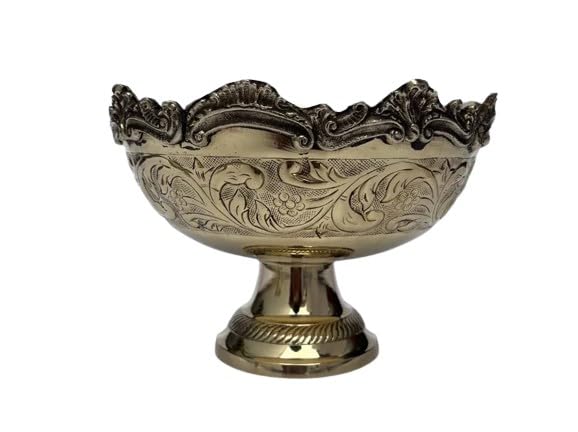 indiancraftsbykanika Brass carved decorative fruit bowl with leg/table bowl/home decor/gift item, medium, Golden, 210124h