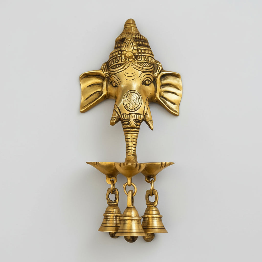 Brass Ganesh Wall Hanging with Bells and Diya Oil lamp for Home décor/ Temple