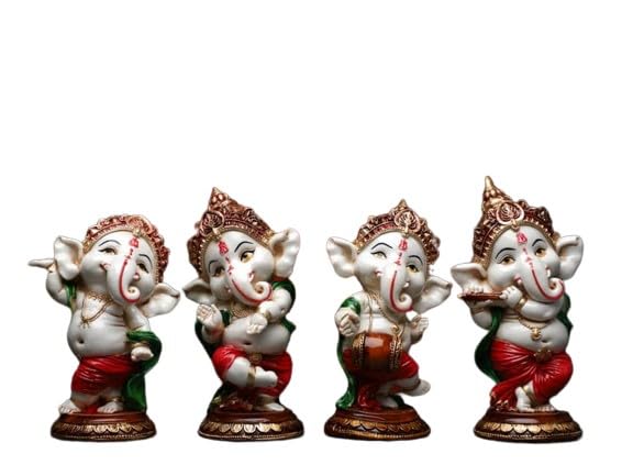 Resin Colorful Dancing Set of 4 Ganesha Statue/showpiece/Home décor/Gift Item, Color : Green and red