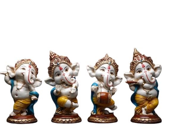 Resin Colorful Dancing Set of 4 Ganesha Statue/showpiece/Home décor/Gift Item, Color : Yellow and Blue