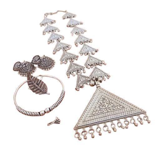 indiancraftsbykanika oxidized necklace combo set with matching earrings, adjustable ring, bracelet, nose ring, 5 pieces set
