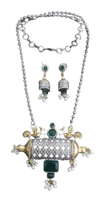 indiancraftsbykanika oxidized silver pendant necklace with matching earrings for women, color : green