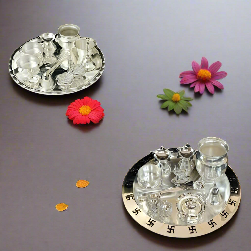 set of 2 Silver plated pooja thali set