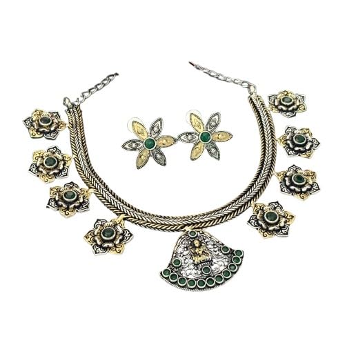indiancraftsbykanika oxidized green color lakshmiji necklace set with matching earrings