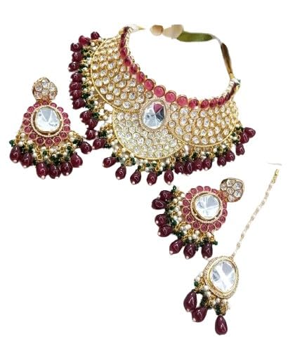 indiancraftsbykanika presents jadau kundan choker necklace set with matching earrings and maang tika/forehead accessories