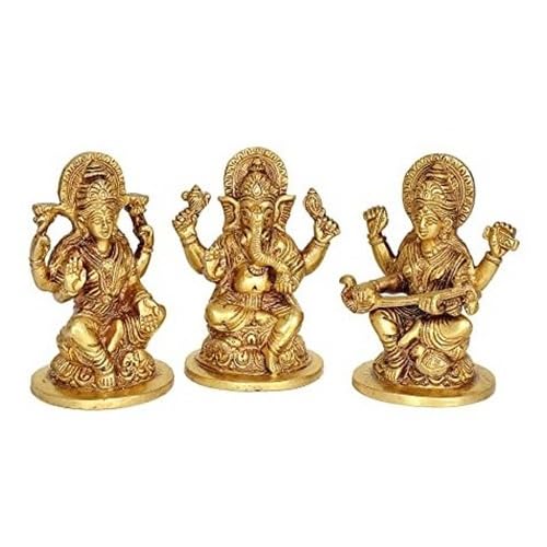 indiancraftsbykanika Brass Lakshmi Ganesh sarawathi Idol for Temple/Home Decor/Festival/Gift, Gold