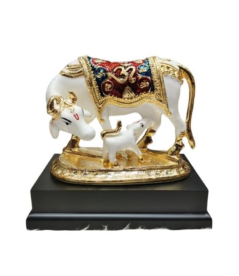 indiancraftbykanika Resin with Wooden Stand kamdhenu Cow Statue/Cow and Calf Statue for Home/Office/Gift Item