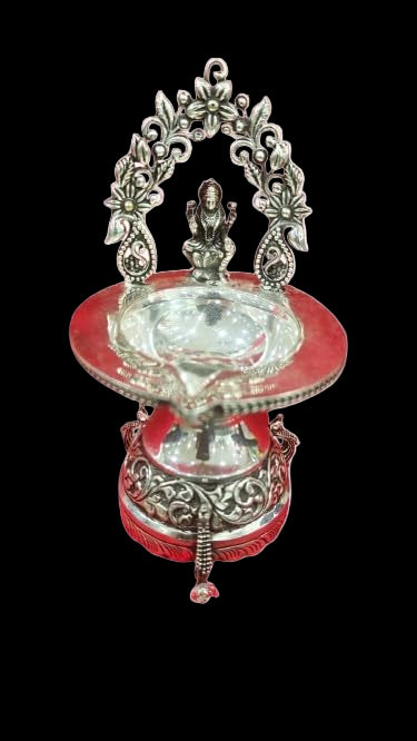 Silver Plated Antique Finish Lakshmi Diya with Peacocks in Base Pair Diya Set for Diwali