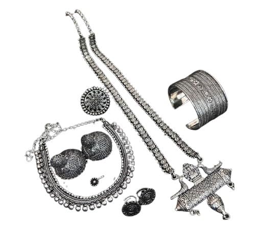 indiancraftsbykanika oxidized silver tone 2 necklace with matching earrings, adjustable toe ring, ring, nose pin, openable kada bracelet for women/gift item