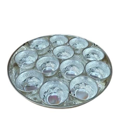 indiancraftbykanika German silver prasadam plate with 12 prasadam bowls for housewarming/snacks/party