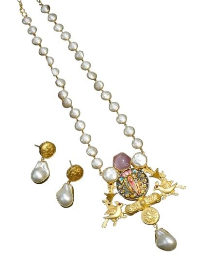 indiancraftsbykanika gold color mother of pearl bird design pendant necklace set with matching earrings, pink stone