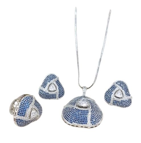 set of 4 pieces blue color stone pendant necklace set with matching earrings and ring for women