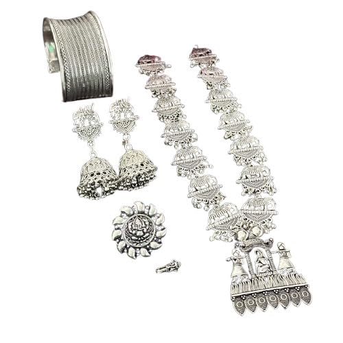indiancraftsbykanika oxidized barat/doli 5 pieces necklace set with matching earrings, bracelet, openable ring, nose pin for women, 5 pieces