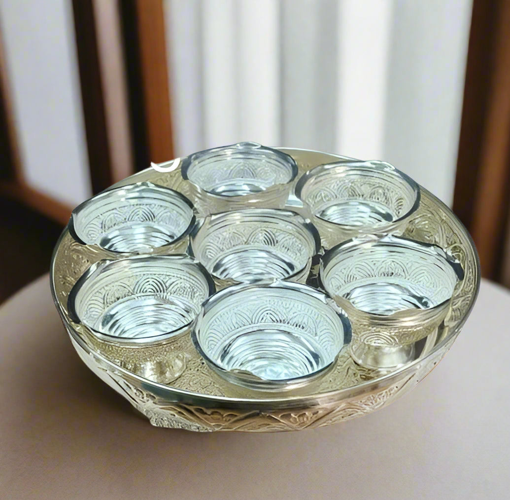 German silver 14"" Naxi/carved plate with 7 big bowls