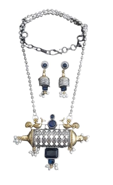 indiancraftsbykanika oxidized silver pendant necklace with matching earrings for women, color : blue