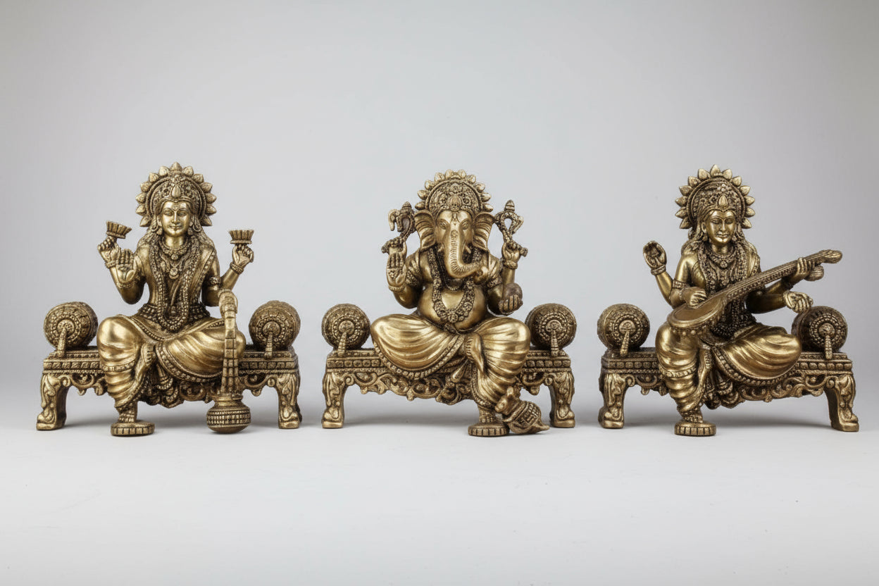 Brass Saraswati Ganesh Lakshmi Idol Set of 3 Pieces for Home Temple/Home Decor/Gift Item
