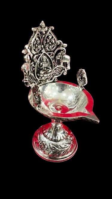 Silver Plated Antique Finish Lakshmi with Elephant and Peacock Motif Design Pair Diya Set