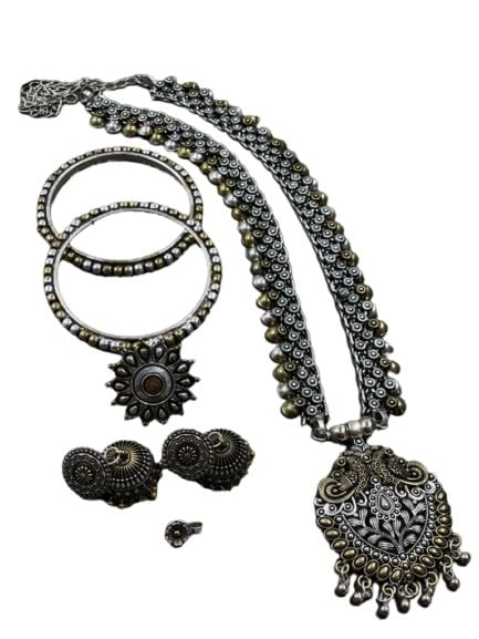 german silver oxidized/dual set combo set of 7 pieces - necklace with earring, bangle pairs, ring, nose pin looks good on any women