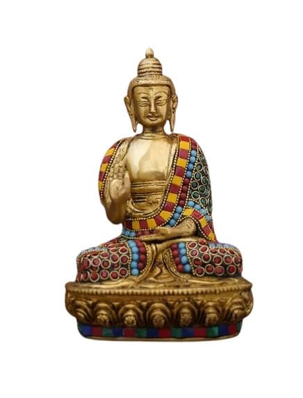 indiancraftbykanika Brass with Stone Work Buddha Idol Statue for Meditating Room/Pooja Room, 8" Height