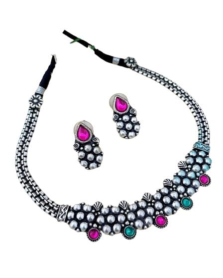 indiancraftsbykanika presents oxidized choker necklace set with matching earrings and multicolor stones looks good on any woman, blue