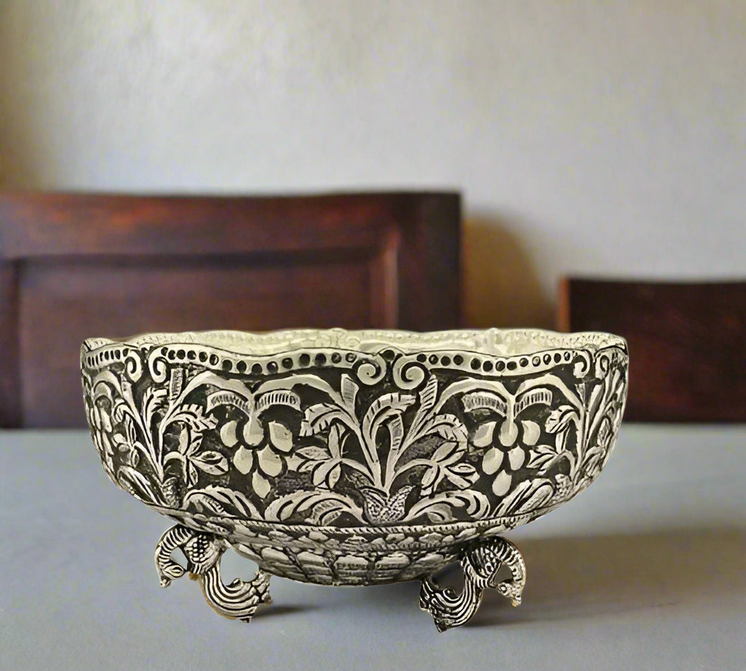 German silver fully carved peacock legs urli bowl