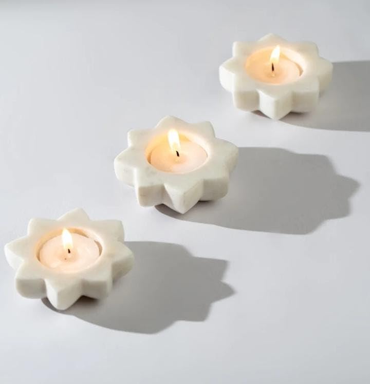 Set of 8 White Marble Star Tea Light Holder with 16 Wax Tea Lights for Diwali Festival, House Warming puja Party