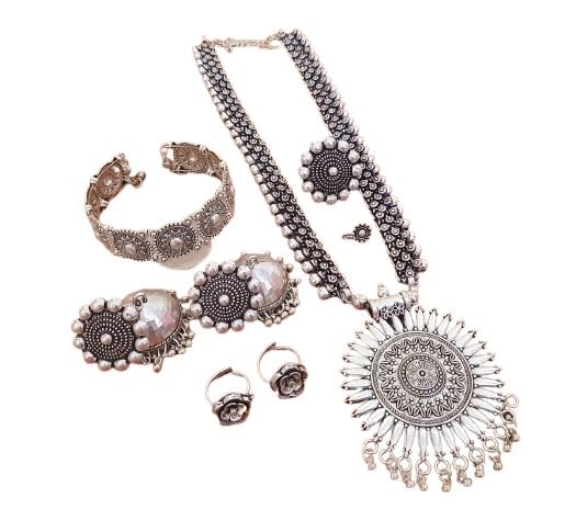 indiancraftsbykanika oxidized sun design combo necklace set with matching earrings, toe ring, bracelet, ring, nose pin for women