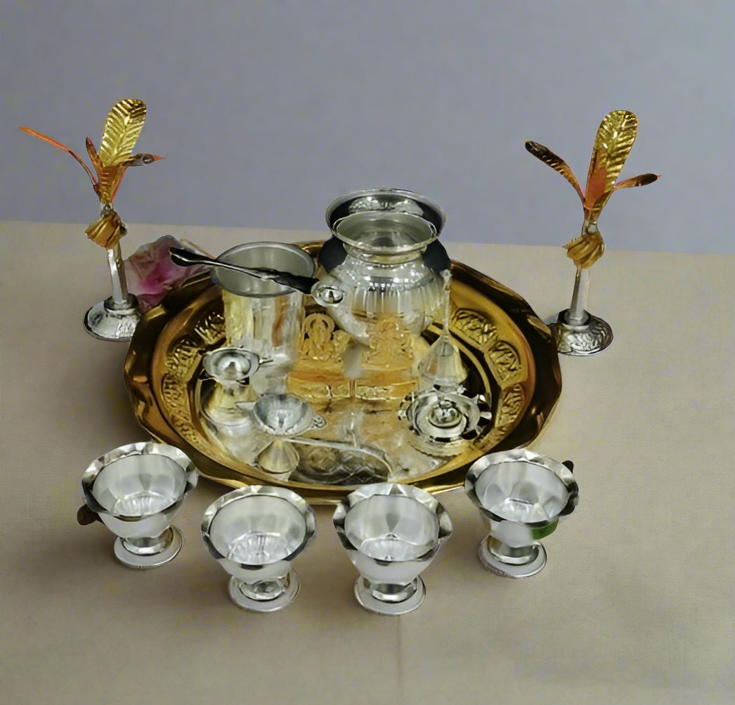 Gold color & Silver Plated 2 Tone (16 Pcs Pooja Thali Combo) for Diwali pooja/housewarming
