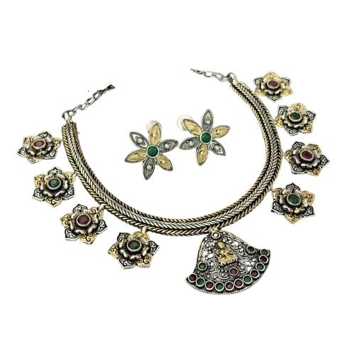 indiancraftsbykanika oxidized green and red color lakshmiji necklace set with matching earrings