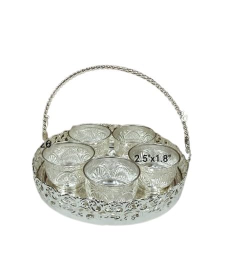 indiancraftbykanika 8" Imported German Silver Handle Tray with 5 Bowls for Serving Fruits/Snacks/Sweets/Gift Item