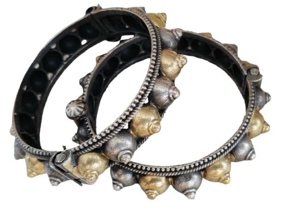 german silver flower Dual tone openable bangle pair set for women