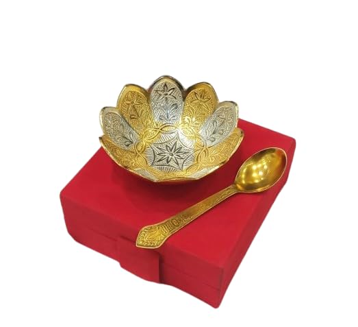 indiancraftsbykanika set of 2 pair flower Silver Plated Bowl Spoon Box Set for diwali gift/snacks, golden color