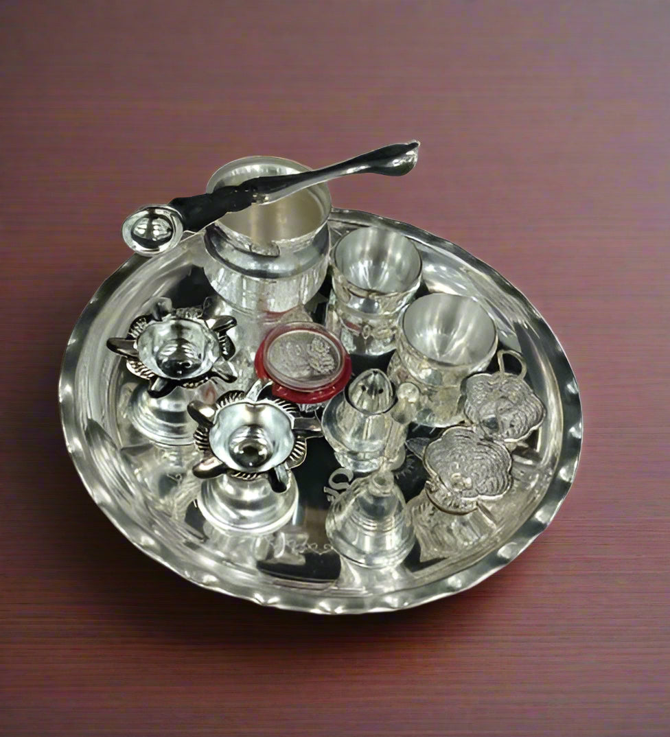 Silver Plated Embossed Pooja Thali Set - 11 pieces set for diwali/housewarming