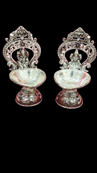 Silver Plated Antique Finish Lakshmi Ganesh Diya Pair Set for Diwali Pooja/ Home décor