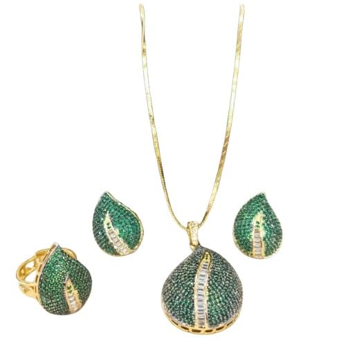 set of 4 pieces blue color stone pendant necklace set with matching earrings and ring.