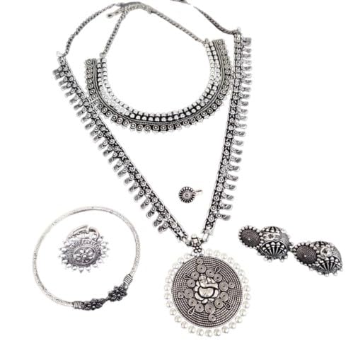 oxidized combo jewelry necklace set - 2 necklaces with earrings, nose pin, adjustable bracelet and ring