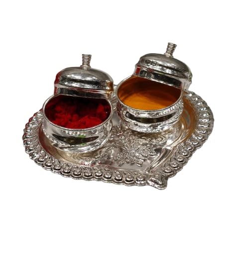 indiancraftsbykanika Silver Plated Heart Shape Double Dabbi Haldi Kumkum Karanda/kumkum platter