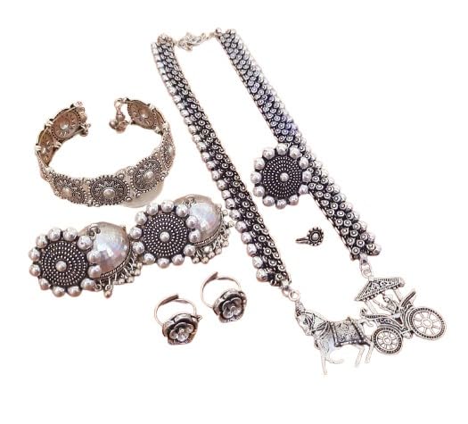indiancraftsbykanika oxidized horse cart combo necklace set with matching earrings, toe ring, bracelet, ring, nose pin for women